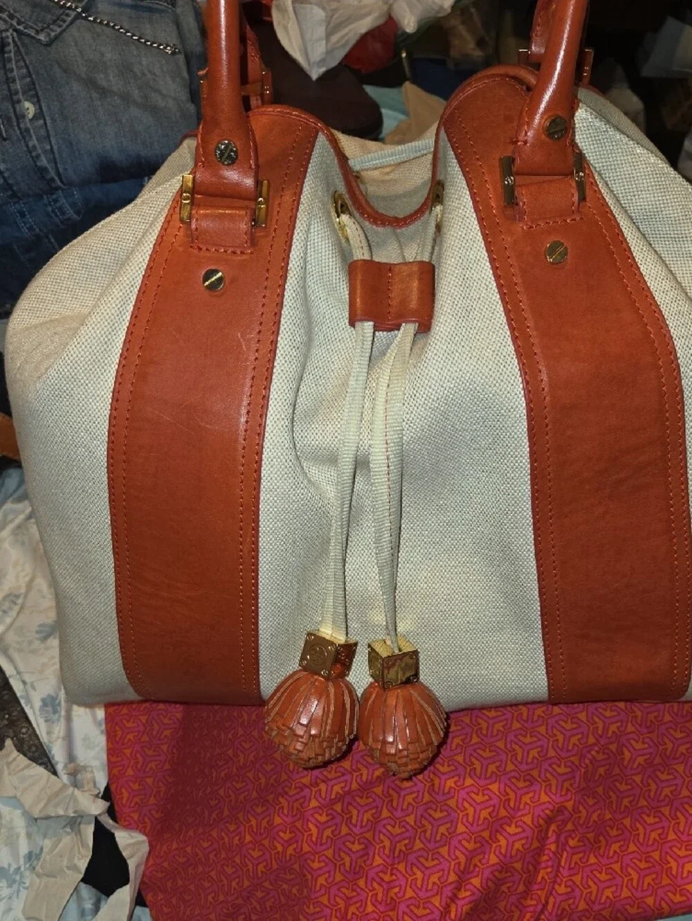 Tory Burch Cream Canvas Tote with Tan Leather Trim